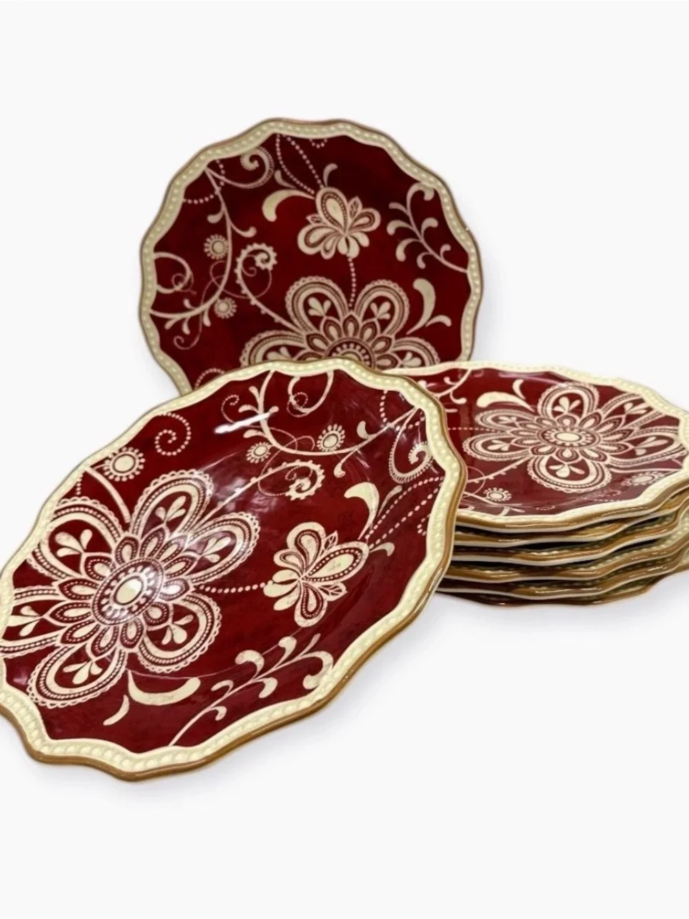 Pier 1 Imports Maribeth Burgundy Floral Scalloped Salad Plates 8 7/8” Set of 8